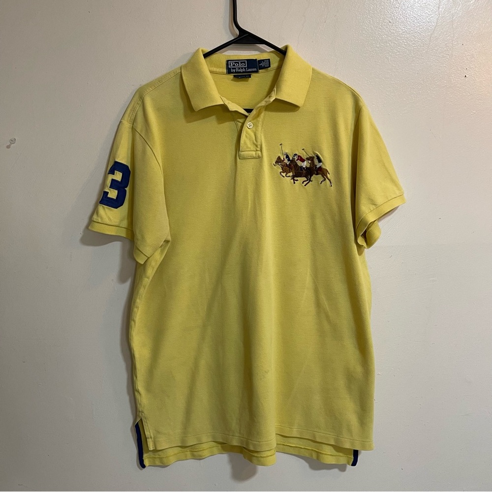 Men's Ralph Lauren #3 Polo Yellow Horses Size L 100% Cotton, Custom fit See Pics